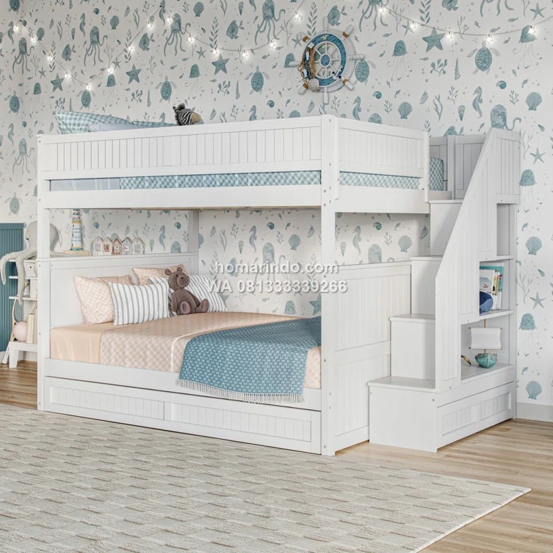 Tempat Tidur Susun Anak Warna Putih Dengan Tangga Laci