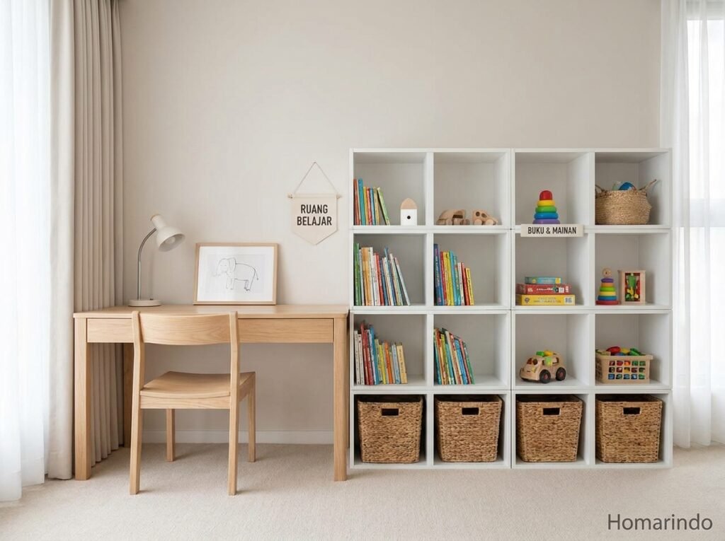 5 Ide Kamar Tidur Anak Minimalis yang Bisa Tumbuh dan Bertransformasi Mengikuti Usia Mereka 2 Tidur Anak Minimalis menggunakan Meja Belajar dan Rak Kompartemen Modular