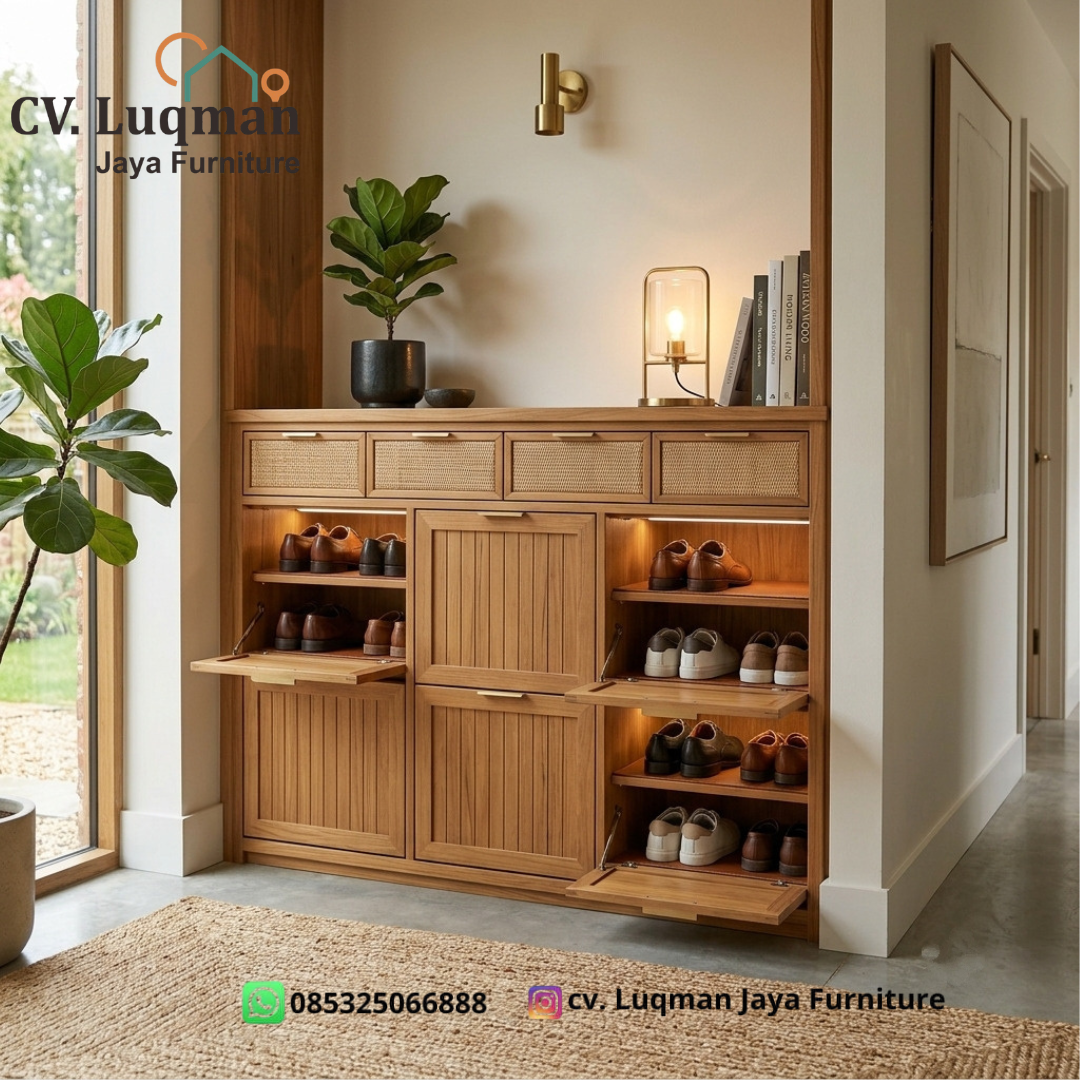 Lemari Sepatu Kayu Jati Minimalis Modern – Seri Rattan Entryway Cabinet