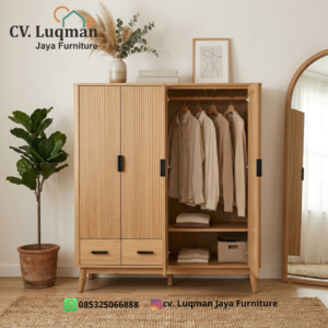Lemari Pakaian Kayu Jati Minimalis – Seri Japandi Fluted Wardrobe