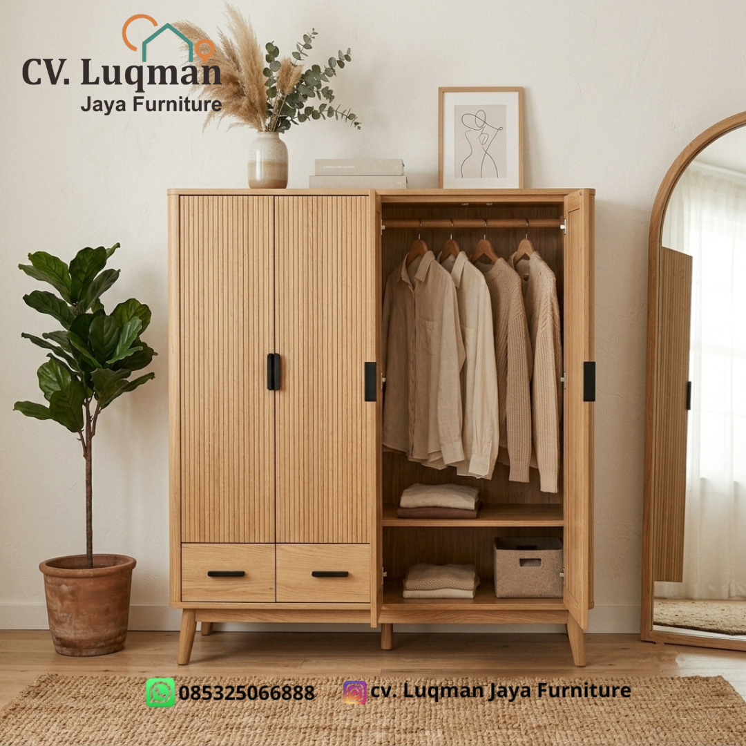 Lemari Pakaian Kayu Jati Minimalis – Seri Japandi Fluted Wardrobe