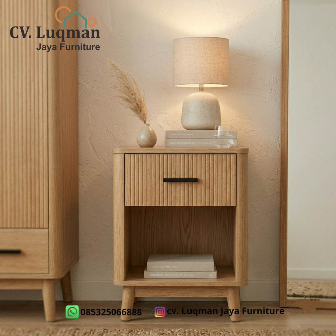 Meja Nakas Kamar Tidur Minimalis – Seri Japandi Fluted Nightstand