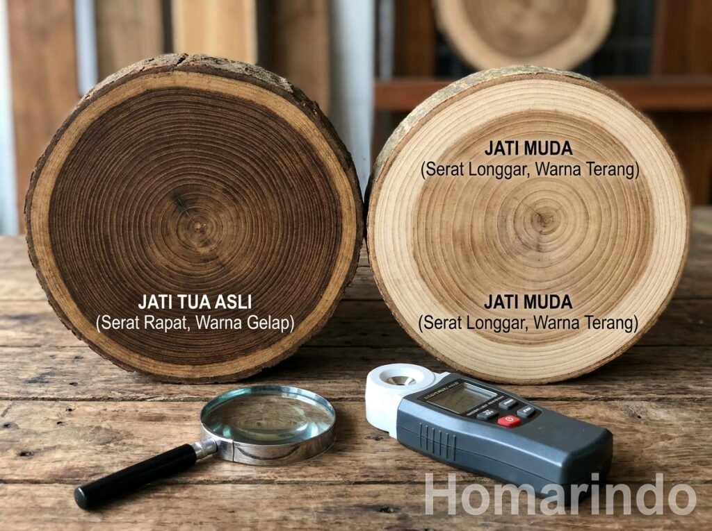Cara Membedakan Kayu Jati Tua Asli dengan Jati Muda dari Serat dan Bobotnya 1 Kayu Jati Tua Asli dengan Jati Muda