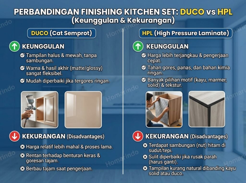 Kelebihan dan Kekurangan Finishing Duco vs HPL pada Kitchen Set Modern 1 Kelebihan dan Kekurangan Finishing Duco vs HPL pada Kitchen Set
