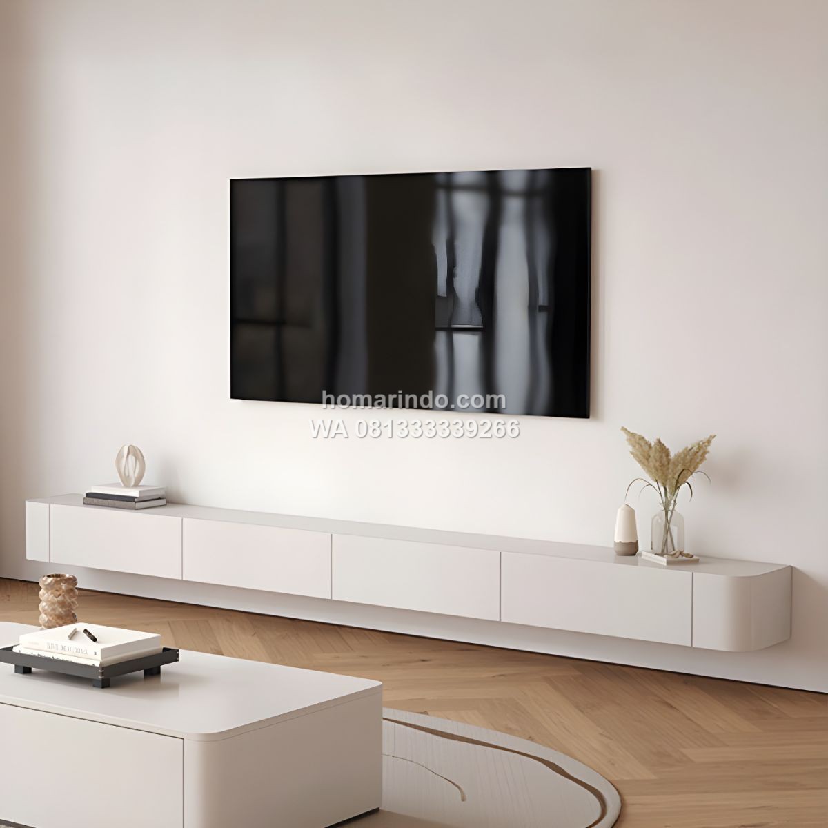 Meja TV Gantung Minimalis Modern 4 Laci Warna Putih