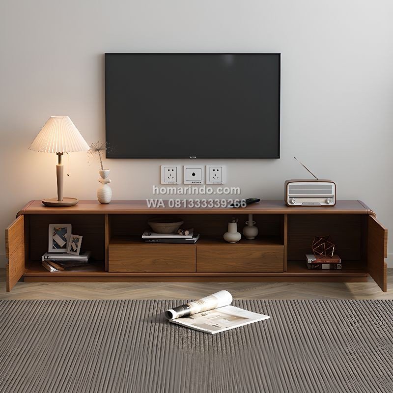 Meja TV Kayu Jati Minimalis Modern 2 Laci Warna Natural 1 Meja TV Kayu Jati Minimalis Modern 2 Laci Warna Natural