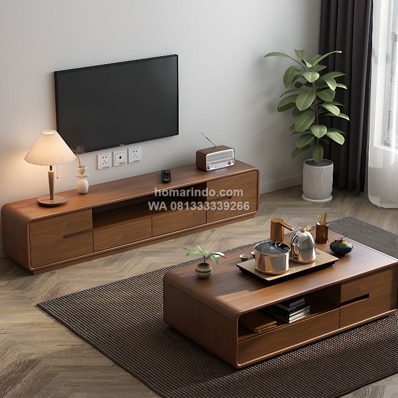 Meja TV Kayu Jati Minimalis Modern 2 Laci Warna Natural Meja TV Kayu Jati Minimalis Modern 2 Laci Warna Natural