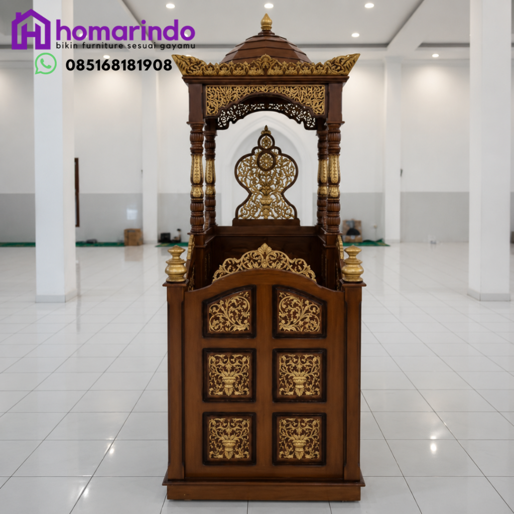 9 Perbedaan Mimbar Masjid Kayu Jati dengan Bahan Kayu Lain yang Wajib Anda Ketahui 1 Mimbar Masjid Jati Ukir Emas Mewah Homarindo