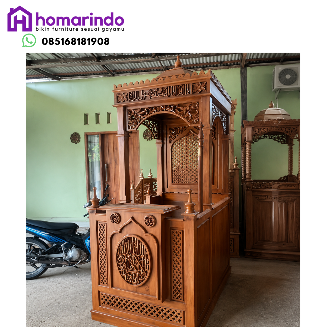 Mimbar Masjid Kayu Jati Ukiran Kaligrafi Mewah