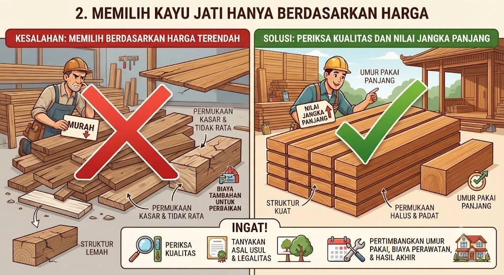 2. Memilih Kayu Jati Hanya Berdasarkan Harga

Harga sering menjadi pertimbangan utama ketika seseorang membeli material. Namun, memilih kayu jati hanya berdasarkan harga terendah dapat menimbulkan masalah di kemudian hari.

Kayu jati memiliki berbagai tingkat kualitas. Perbedaan tersebut dapat terlihat dari kepadatan serat, kadar air, ukuran, warna, serta kondisi permukaannya. Karena itu, harga murah belum tentu memberikan keuntungan terbaik.

Material dengan kualitas rendah dapat membuat Anda mengeluarkan biaya tambahan untuk perbaikan. Bahkan, kualitas kayu yang kurang baik dapat memengaruhi kekuatan struktur dan tampilan rumah.

Solusinya: periksa kualitas kayu sebelum membeli. Pilih kayu dengan serat padat, kondisi permukaan baik, warna relatif merata, serta kadar air yang sesuai untuk kebutuhan konstruksi.

Selanjutnya, tanyakan asal material kepada pemasok. Pastikan Anda memperoleh kayu dari sumber yang legal dan memiliki kualitas yang jelas.

Selain itu, jangan hanya membandingkan harga per meter kubik. Pertimbangkan juga umur pakai, kualitas struktur, biaya perawatan, serta hasil akhir yang akan Anda dapatkan.