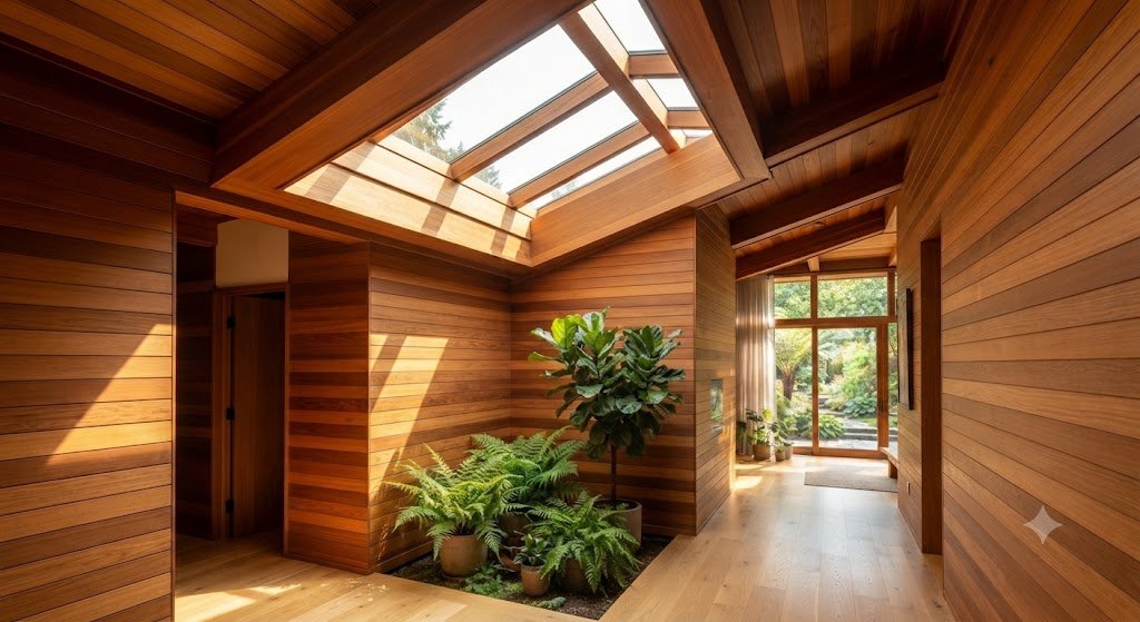 2. Padukan Pintu Kaca dengan Kayu Jati

Pintu juga dapat menjadi bagian penting dalam menciptakan tampilan modern. Anda dapat menggunakan pintu kayu jati dengan panel kaca sebagai alternatif pintu kayu konvensional.

Perpaduan tersebut mempertahankan karakter kuat kayu sekaligus memberikan kesan ringan melalui permukaan kaca. Selain itu, pintu kaca membantu menghubungkan ruang dalam dengan teras atau taman.

Untuk area belakang rumah, Anda dapat menggunakan pintu kaca geser dengan bingkai kayu jati. Sistem tersebut tidak membutuhkan banyak ruang ketika penghuni membuka pintu.

Kemudian, pilih kaca dengan ukuran yang proporsional terhadap luas dinding. Dengan demikian, tampilan pintu tetap elegan tanpa membuat karakter kayu jati menghilang.