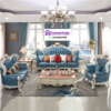 Set Sofa Tamu Klasik Eropa Mahoni Putih Gading & Biru Mewah