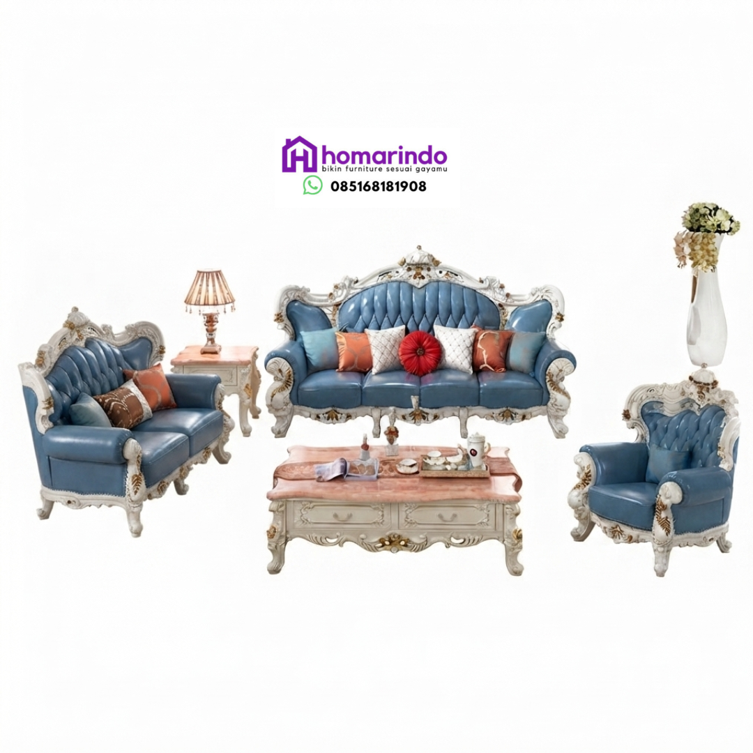 Set Sofa Tamu Klasik Eropa Mahoni Putih Gading & Biru Mewah Set Sofa Tamu Klasik Eropa Mahoni Putih Gading & Biru Mewah