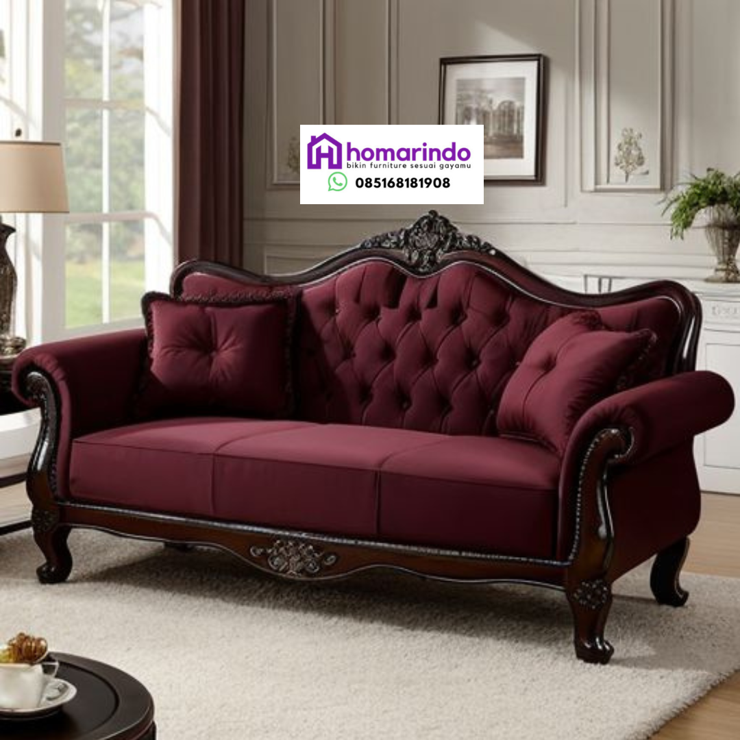Sofa Tamu Mewah Ukir Kayu Jati Burgundy