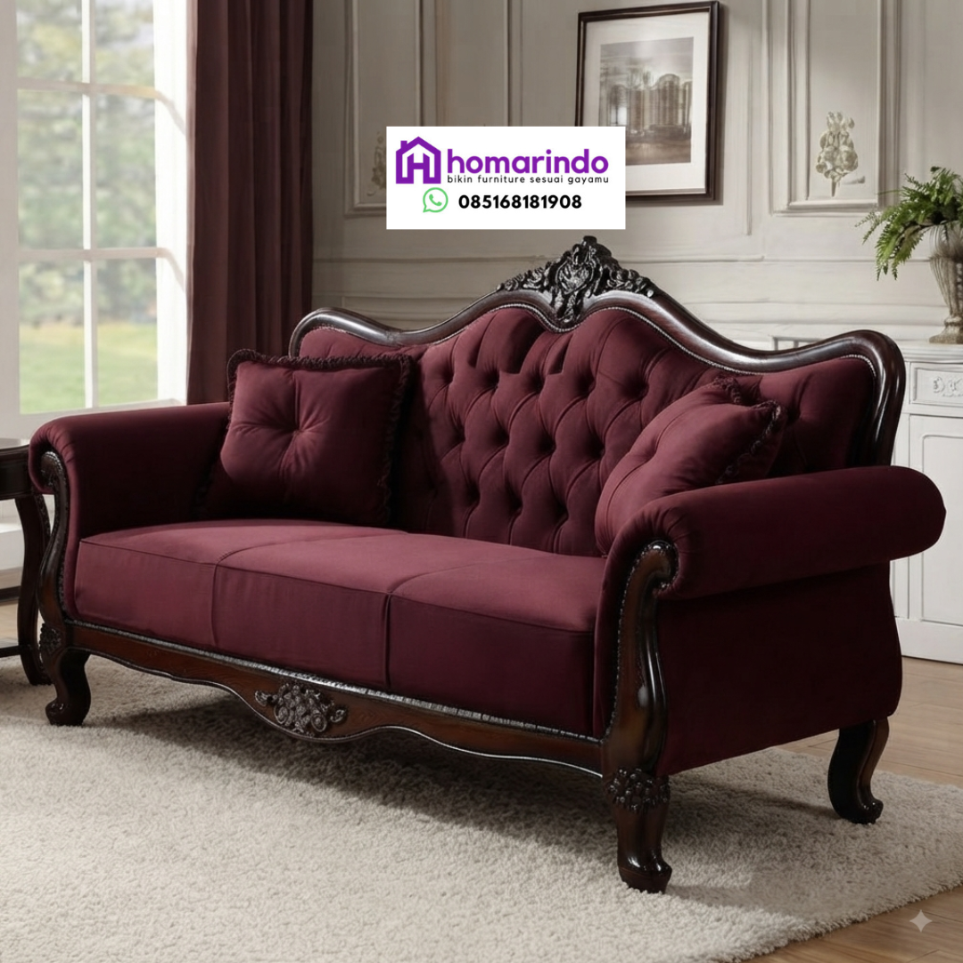Sofa Tamu Mewah Ukir Kayu Jati Burgundy Sofa Tamu Mewah Ukir Kayu Jati Burgundy