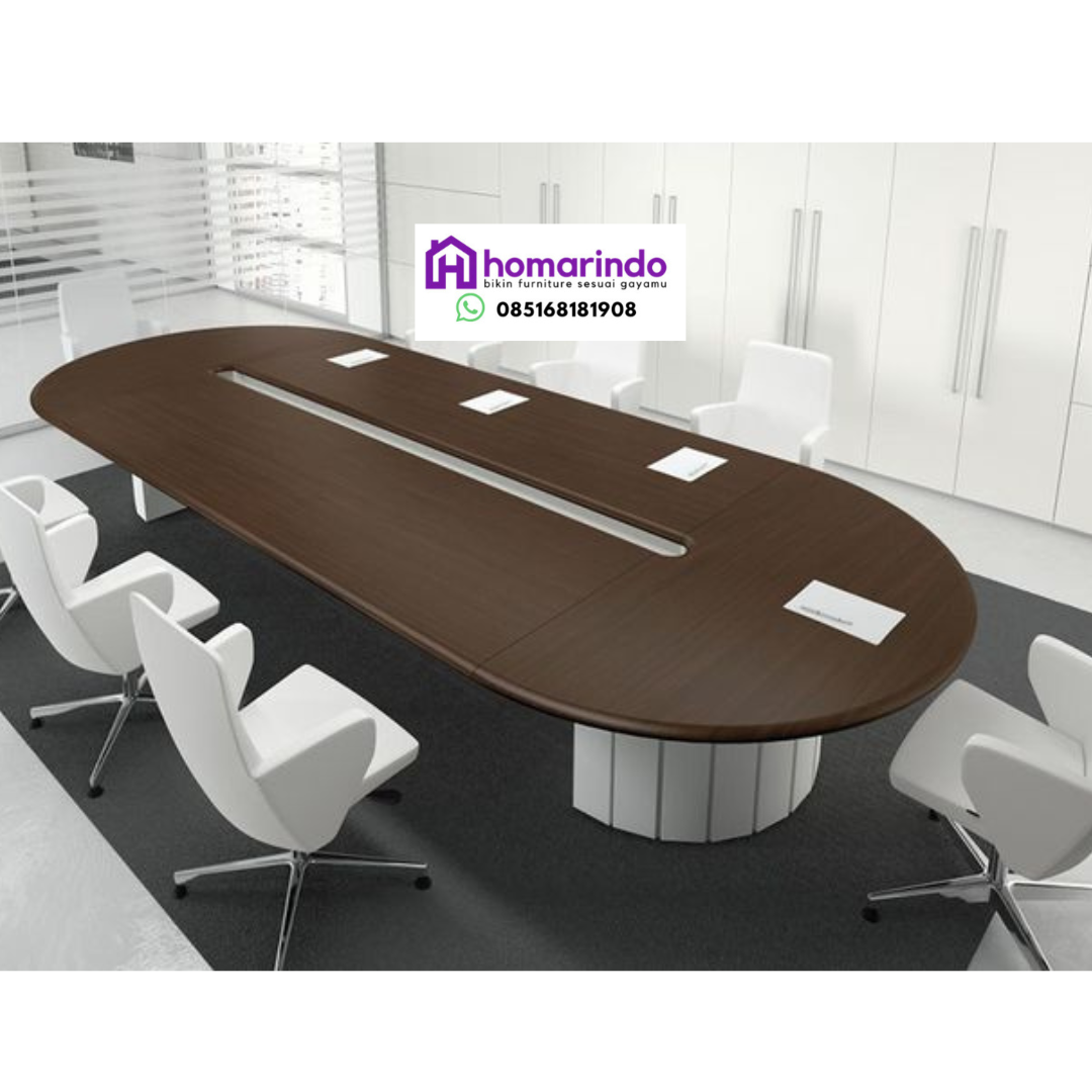 Meja Meeting Oval Modern Kayu Warna Mahogany
