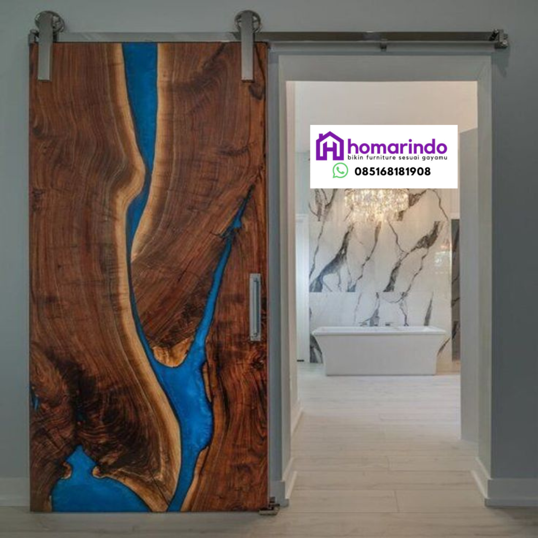 Pintu Resin Kayu Jati Kombinasi Biru Eksklusif Homarindo