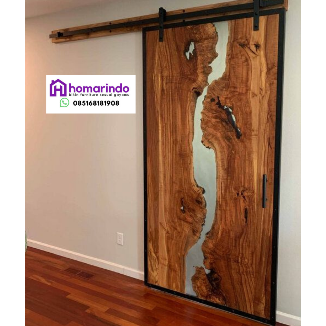 Pintu Resin Kayu Trembesi Kombinasi Transparan