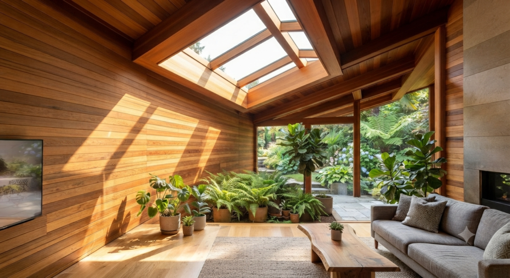 5. Hadirkan Skylight untuk Memaksimalkan Cahaya Alami

Skylight menjadi pilihan menarik bagi Anda yang ingin menghadirkan cahaya alami dari bagian atas rumah. Anda dapat memasangnya pada ruang keluarga, area tangga, atau bagian tengah bangunan.

Cahaya dari skylight dapat memberikan efek visual yang menarik pada permukaan kayu jati. Ketika sinar matahari mengenai serat kayu, pola alami material akan terlihat semakin jelas.

Selain itu, skylight membantu menerangi area yang sulit mendapatkan cahaya dari jendela samping. Dengan begitu, Anda dapat menciptakan ruangan yang terang tanpa menambah banyak bukaan pada dinding.

Namun, Anda perlu memperhatikan arah matahari serta sistem perlindungan terhadap panas. Gunakan jenis kaca yang sesuai dengan kondisi iklim agar ruangan tetap nyaman.

Selanjutnya, pastikan konstruksi skylight memiliki sistem pembuangan air yang baik. Langkah tersebut membantu mengurangi risiko kebocoran saat hujan.