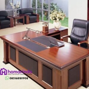 Set Meja Kantor Direktur L-Shape Bahan Kayu Jati Perhutani TPK