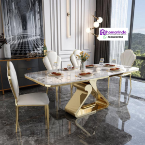 Meja Makan Stainless Gold Mewah Kaki Elegan Kombinasi Marmer dan Kursi Beludru Putih