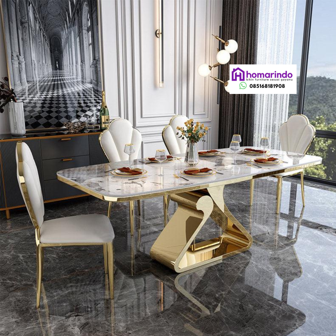 Meja Makan Stainless Gold Mewah Kaki Elegan Kombinasi Marmer dan Kursi Beludru Putih