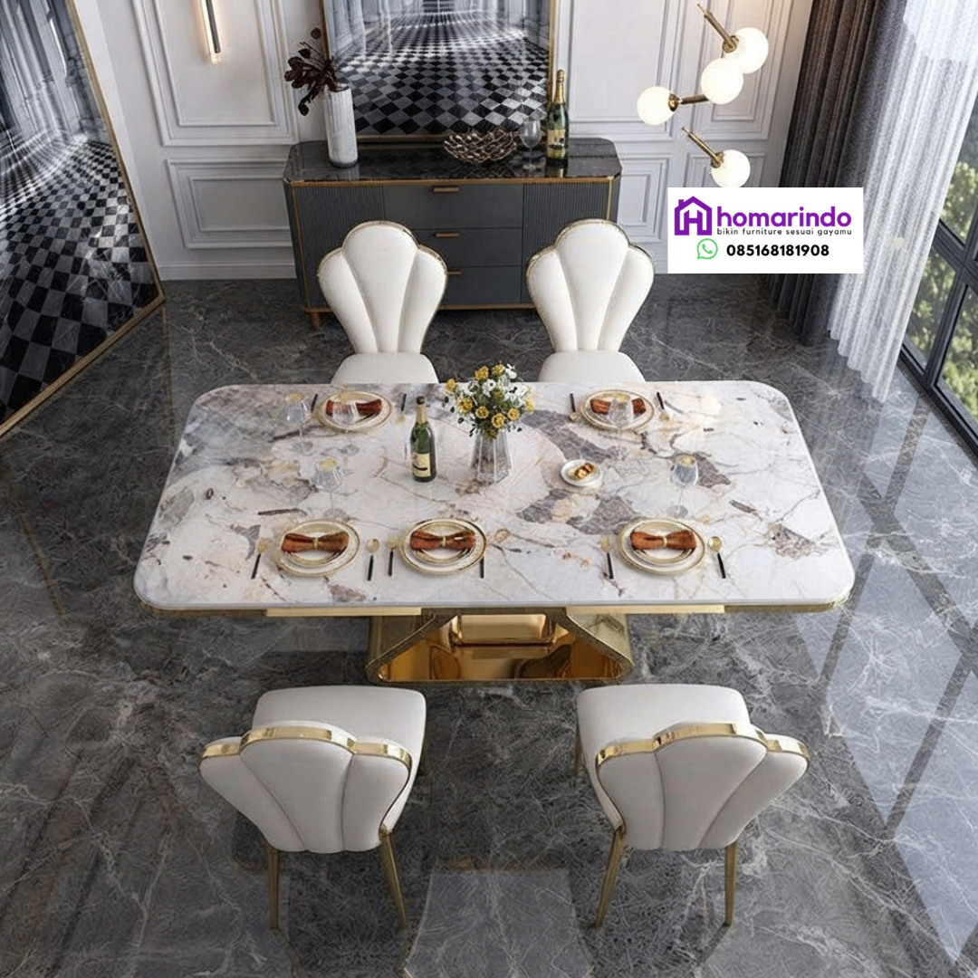Meja Makan Stainless Gold Mewah Kaki Elegan Kombinasi Marmer dan Kursi Beludru Putih Meja Makan Stainless Gold Mewah Kaki Elegan Kombinasi Marmer dan Kursi Beludru Putih