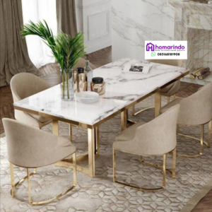 Meja Makan Stainless Steel Kaki Gold Marmer
