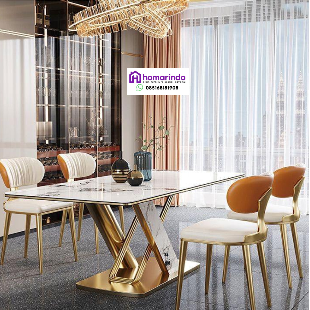 Meja Makan Stainless Steel Mewah Kombinasi Marmer dan Kulit Sintetis