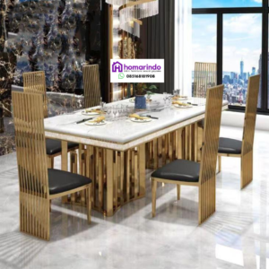 Meja Makan Stainless Steel Mewah Desain Modern Kombinasi Marmer