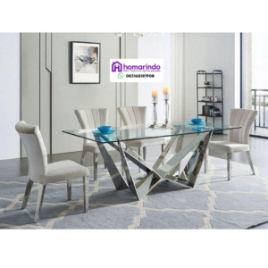 Meja Makan Stainless Steel Kaki Geometris Modern