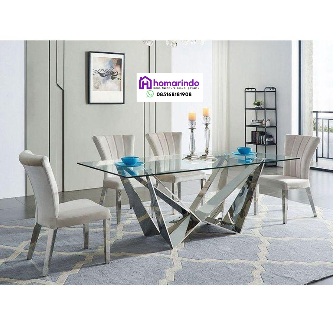 Meja Makan Stainless Steel Kaki Geometris Modern