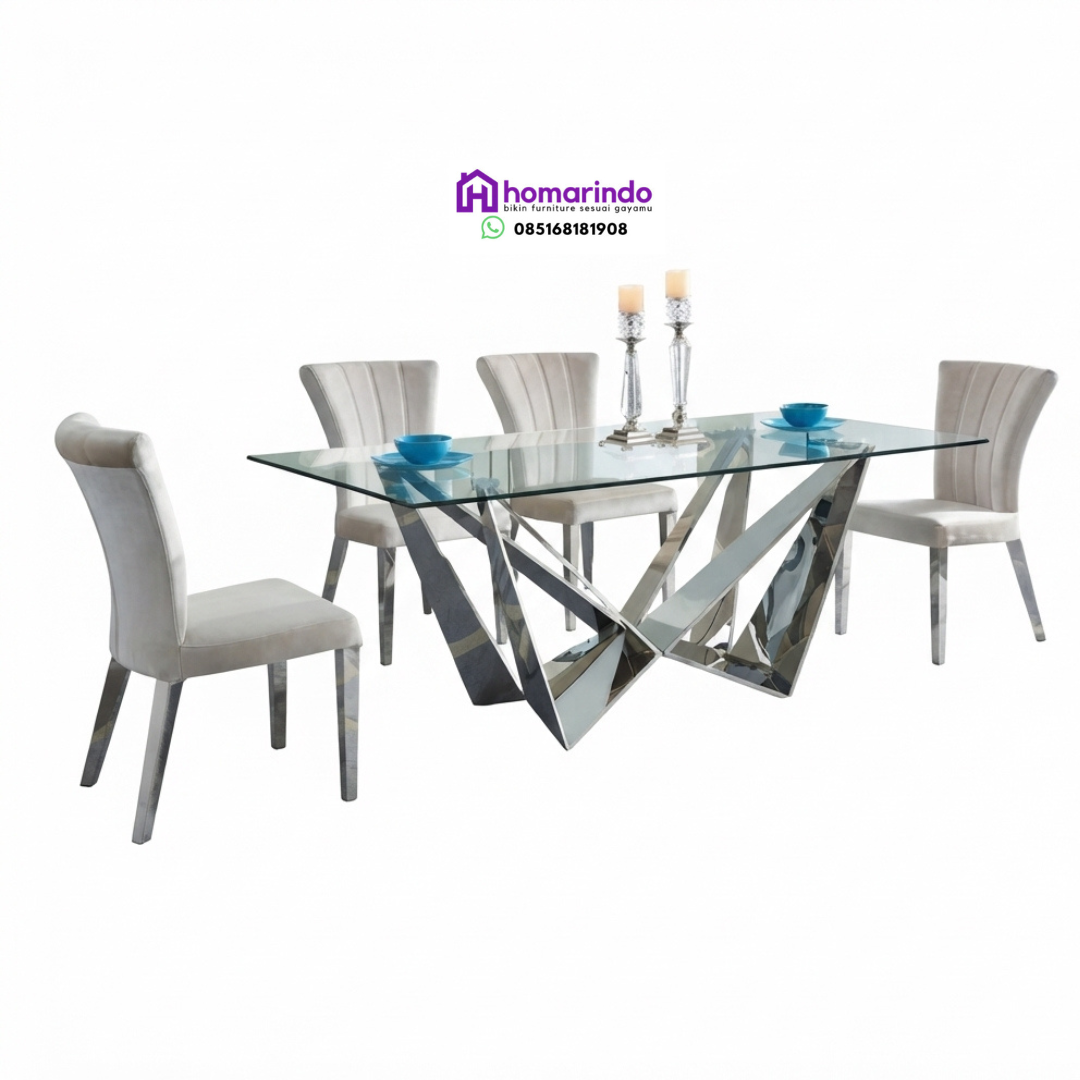 Meja Makan Stainless Steel Kaki Geometris Modern Meja Makan Stainless Steel Kaki Geometris Modern