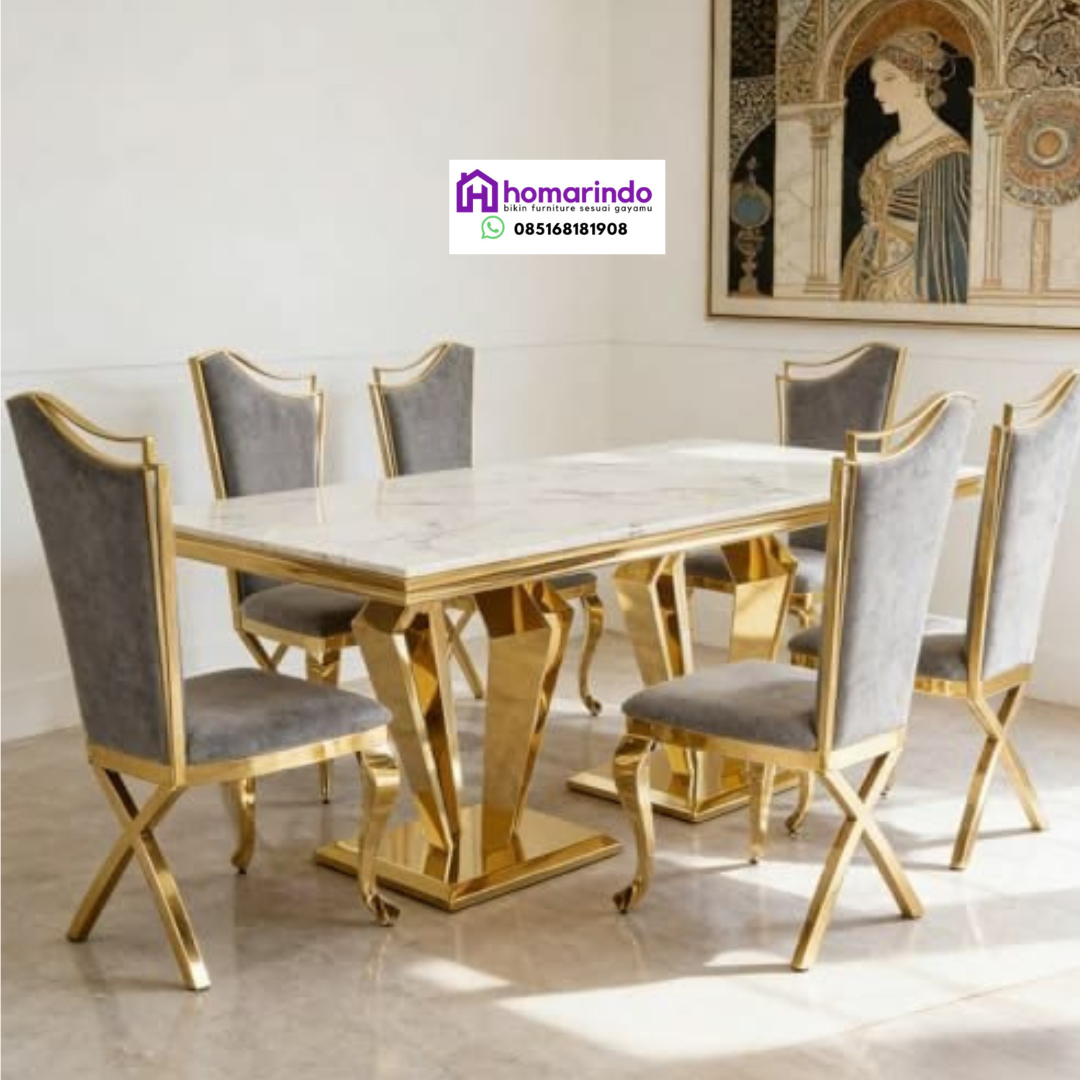 Meja Makan Stainless Steel Gold Mewah Top Marmer Putih Modern