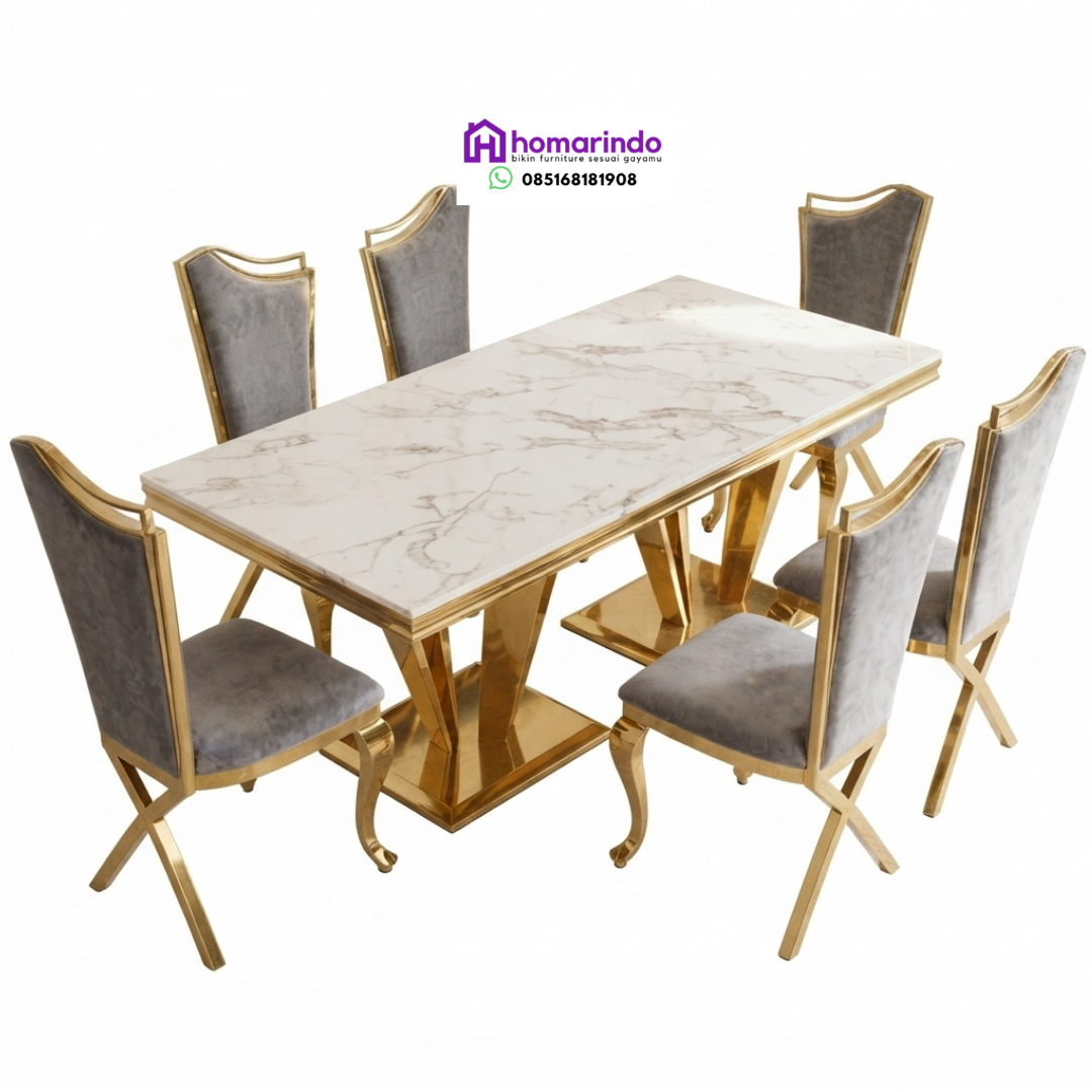 Meja Makan Stainless Steel Gold Mewah Top Marmer Putih Modern Meja Makan Stainless Steel Gold Mewah Top Marmer Putih Modern