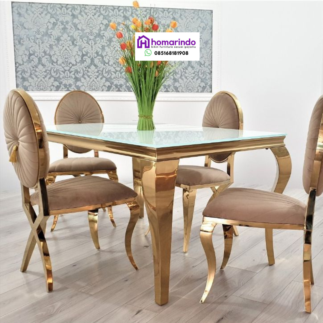 Meja Makan Stainless Steel Gold Mewah dengan Kursi Velvet
