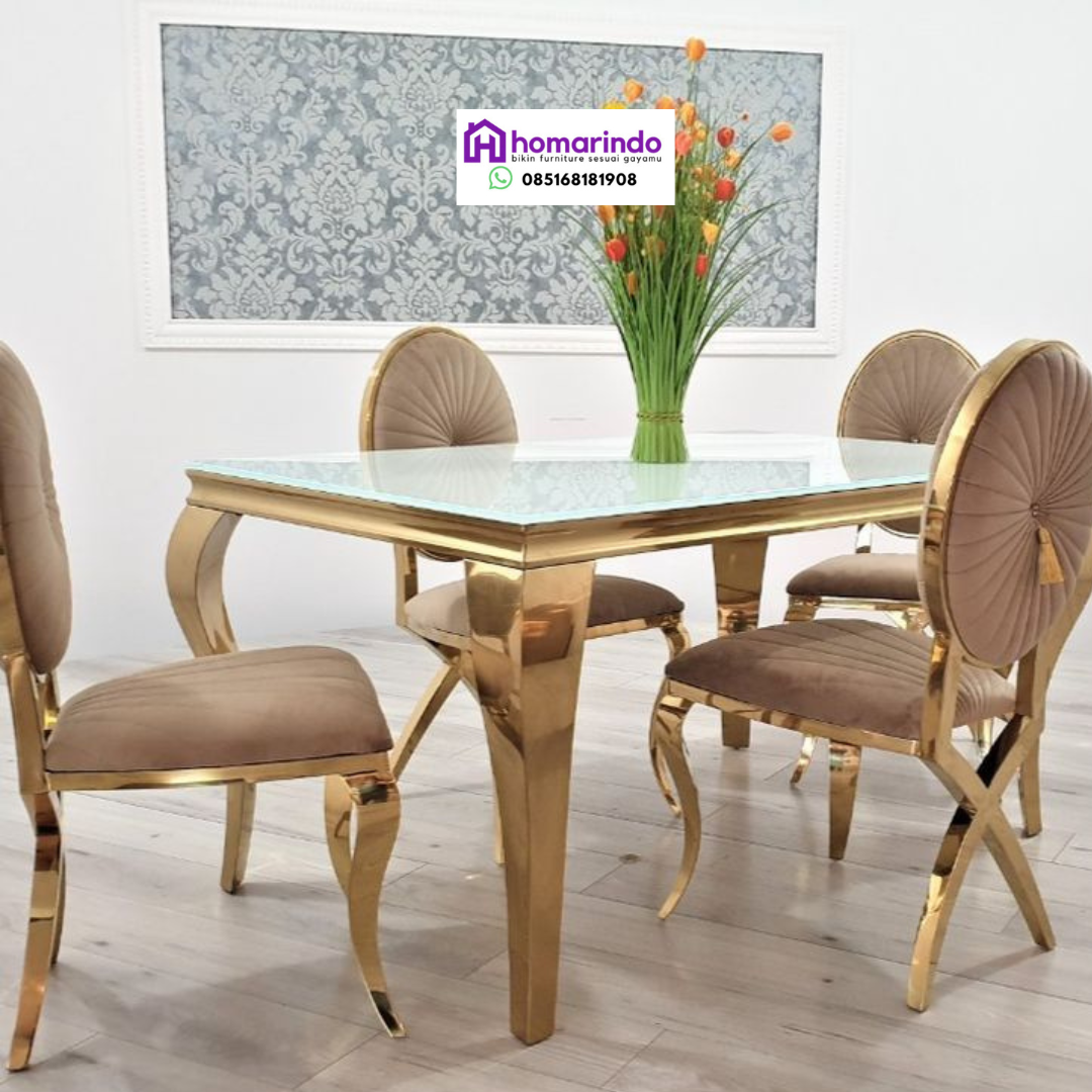 Meja Makan Stainless Steel Gold Mewah dengan Kursi Velvet Meja Makan Stainless Steel Gold Mewah dengan Kursi Velvet