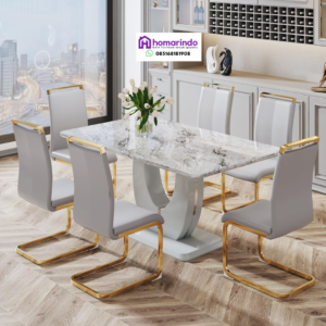 Meja Makan Stainless Mewah Kaki Gold Kombinasi Marmer dan Kursi Kulit Sintetis Elegan