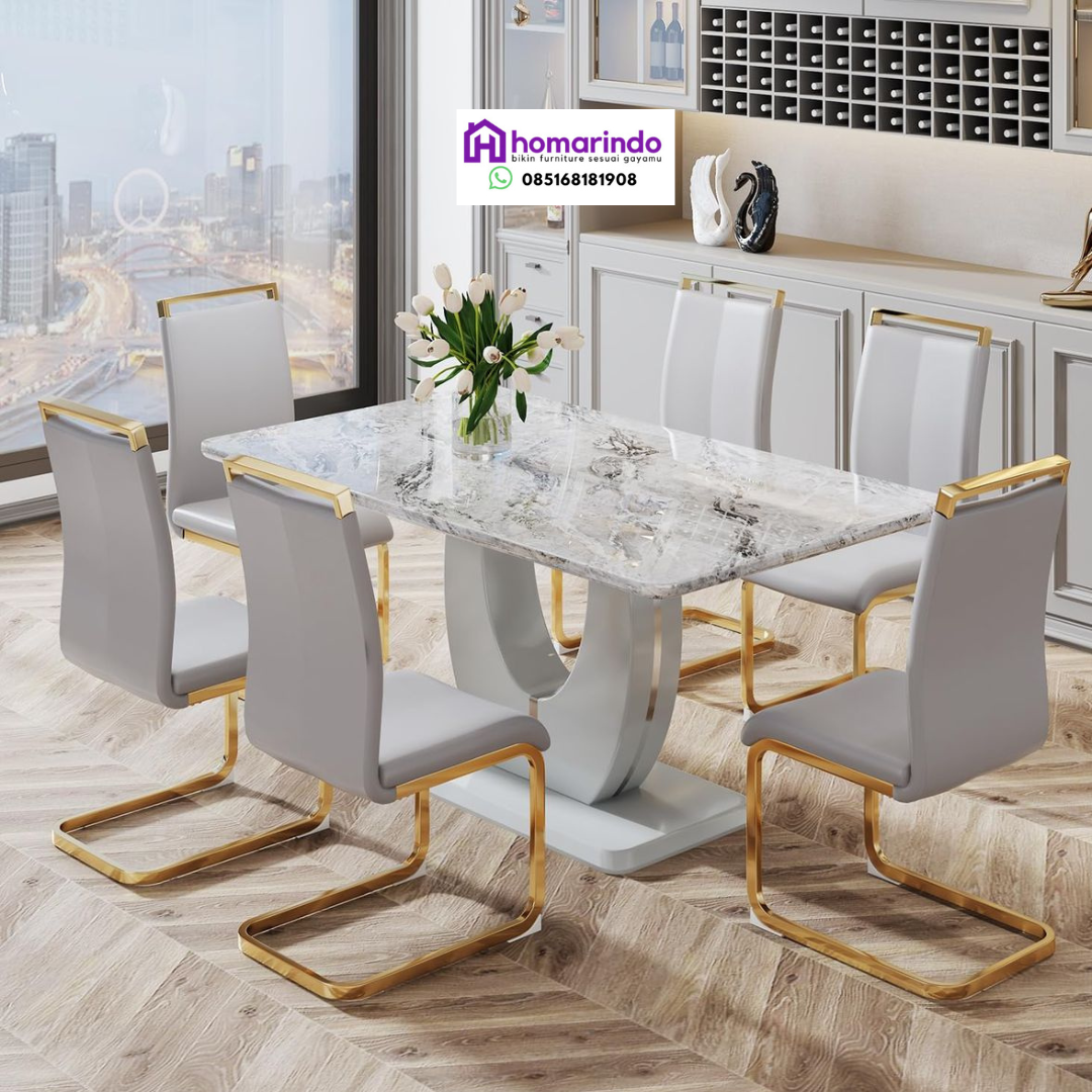 Meja Makan Stainless Mewah Kaki Gold Kombinasi Marmer dan Kursi Kulit Sintetis Elegan