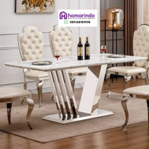 Meja Makan Stainless Steel Mewah Kombinasi Marmer dan Kursi Elegan