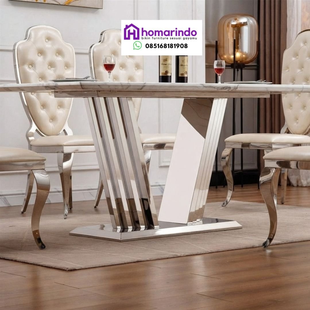 Meja Makan Stainless Steel Mewah Kombinasi Marmer dan Kursi Elegan Meja Makan Stainless Steel Mewah Kombinasi Marmer dan Kursi Elegan
