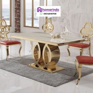 Meja Makan Stainless Steel Mewah Kaki Cincin Emas