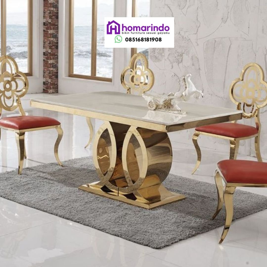 Meja Makan Stainless Steel Mewah Kaki Cincin Emas