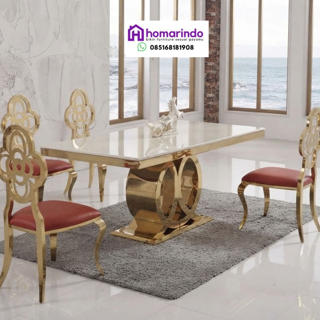 Meja Makan Stainless Steel Mewah Kaki Cincin Emas Meja Makan Stainless Steel Mewah Kaki Cincin Emas