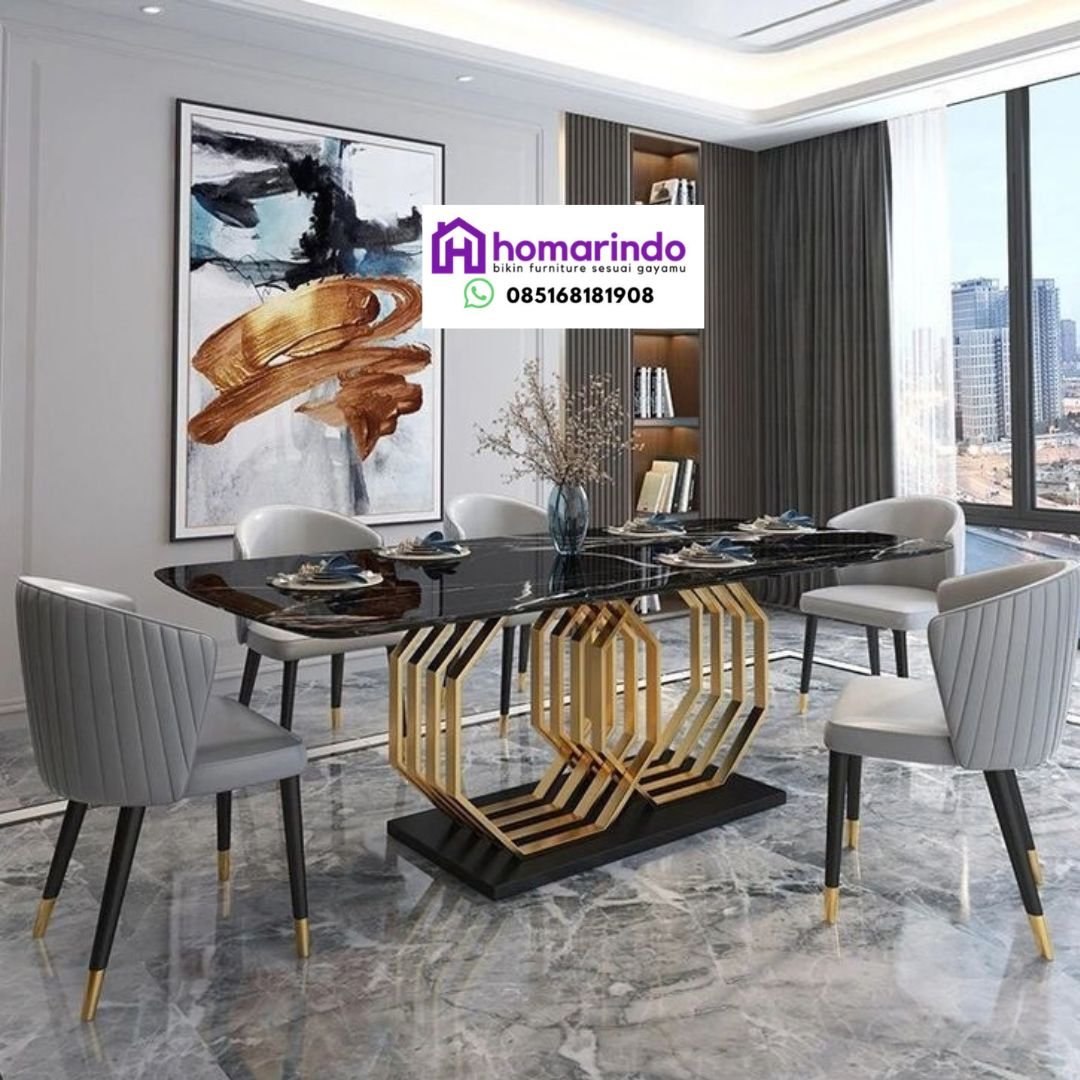 Meja Makan Stainless Steel Mewah Kaki Geometris Modern