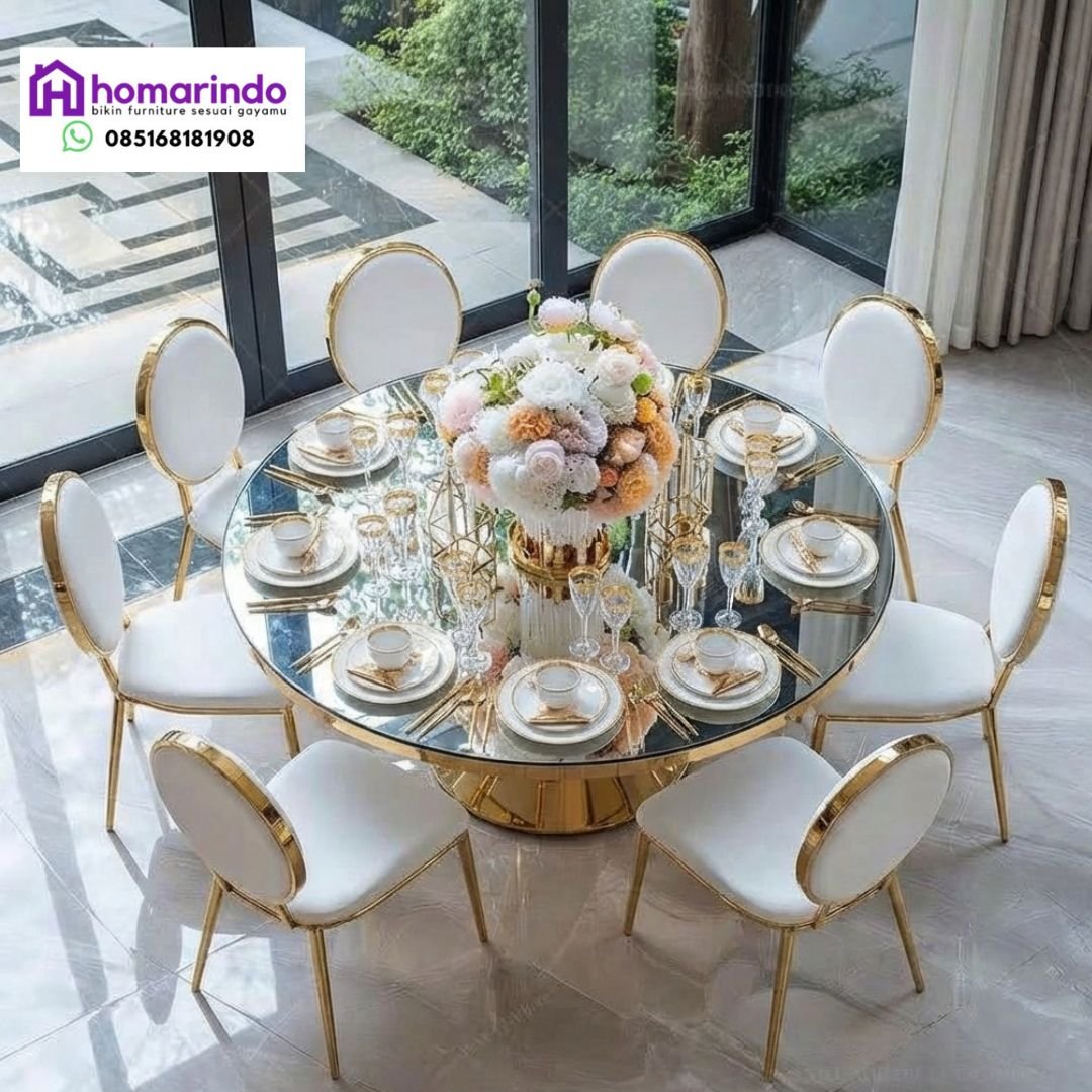 Meja Makan Stainless Steel Bundar Mewah Kaki Silinder Emas Meja Makan Stainless Steel Bundar Mewah Kaki Silinder Emas