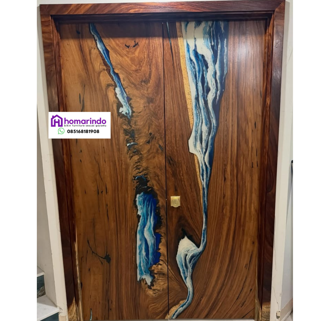 Pintu Kayu Jati Solid & Resin Biru Keemasan dari Homarindo