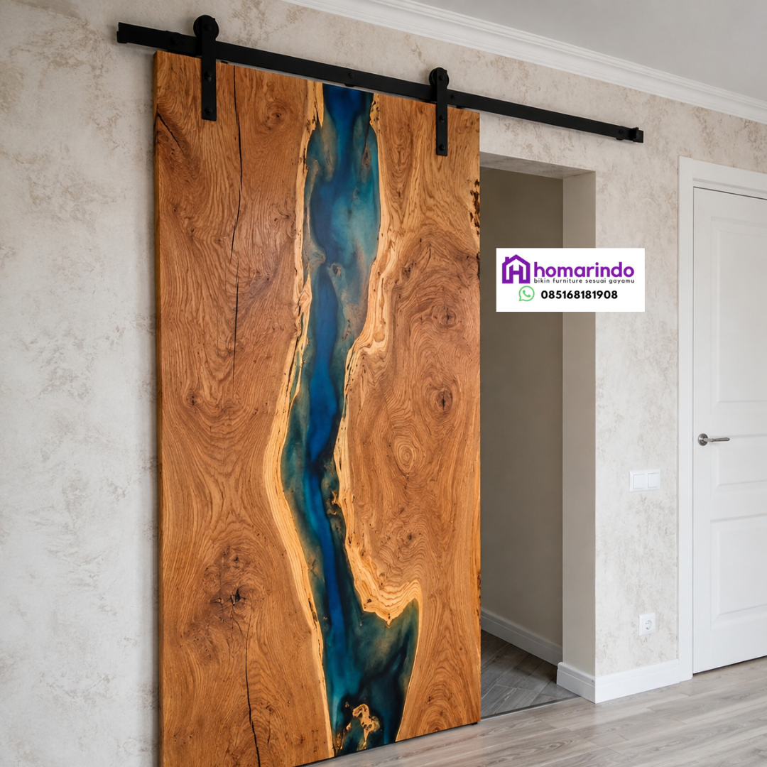 Pintu Resin Kayu Alami dengan Sistem Geser (Barn Door) Pintu Resin Kayu Alami dengan Sistem Geser (Barn Door)