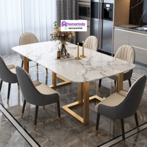 Set Meja Makan Marmer Kaki Stainless Mewah Modern dari Homarindo