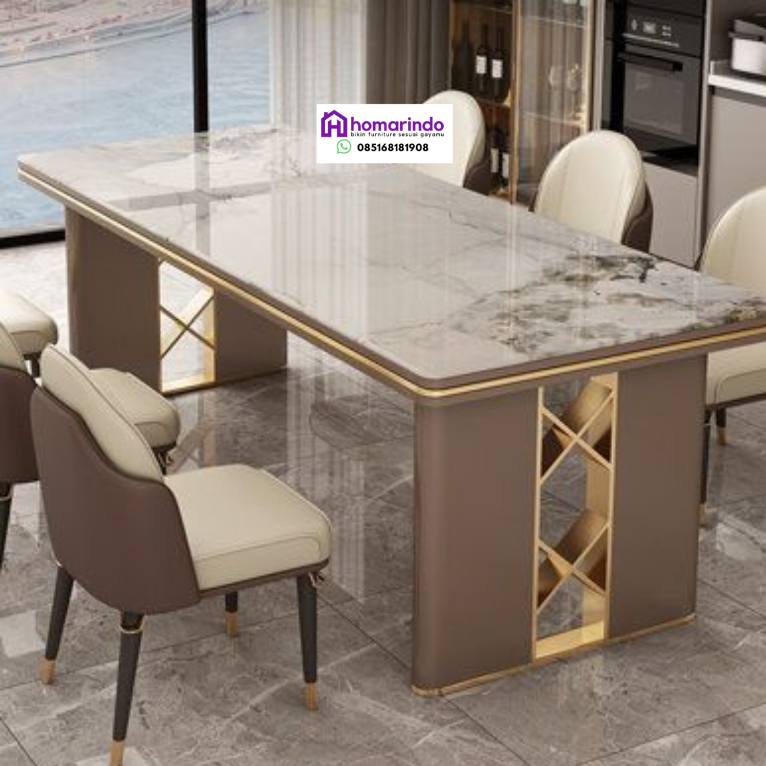 Meja Makan Eksklusif Beraksen Stainless Steel Emas